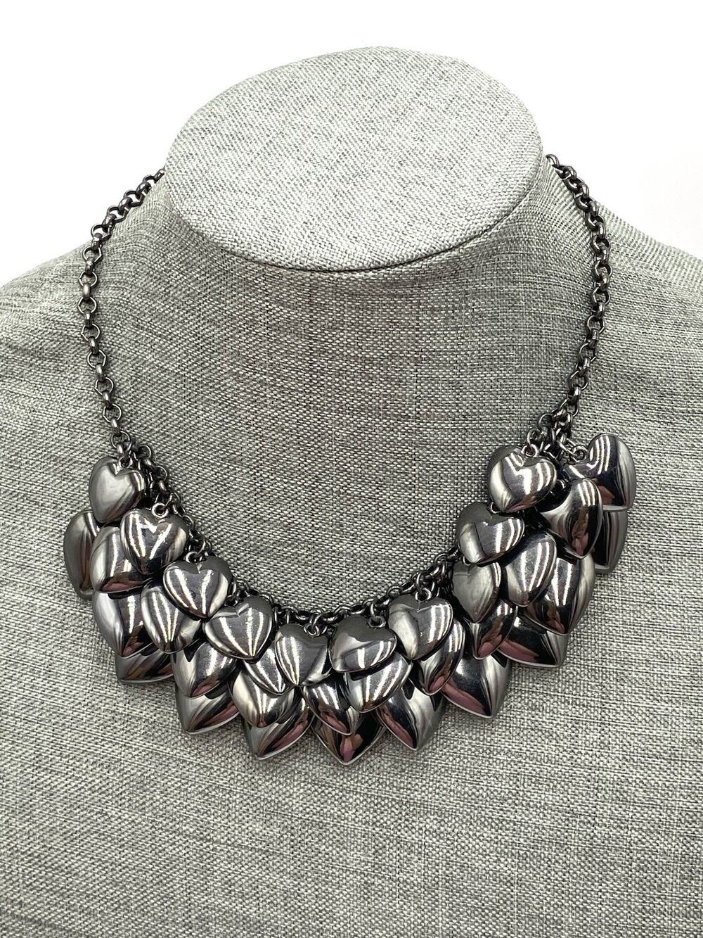 Vintage Joan Rivers Gun Metal Puffy Hearts Bib Necklace Signed 17”+3”
